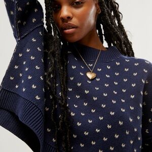 Free People Easy Street Navy and White Crop Patterned Sweater